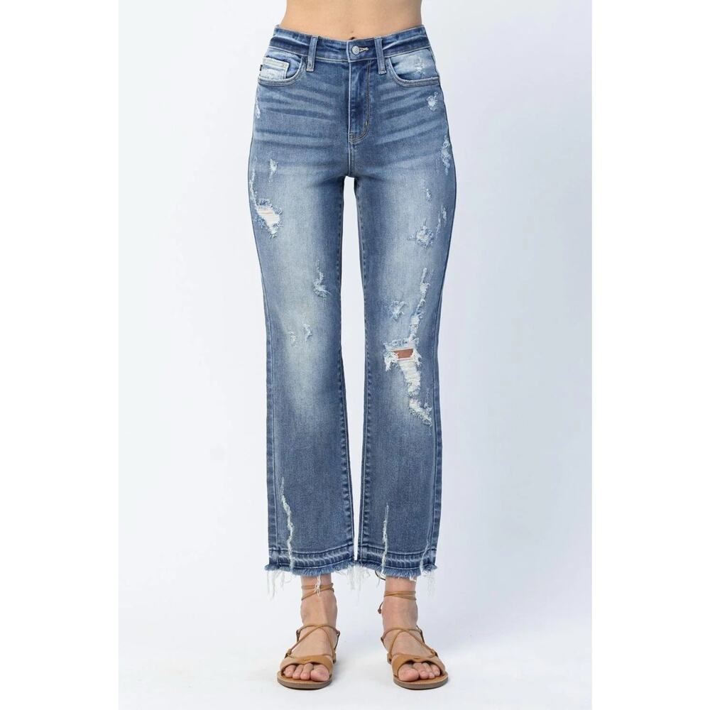 Judy Blue Hi Waist Release Hem Ankle Straight Jeans Distres Med Wash Women 11/30